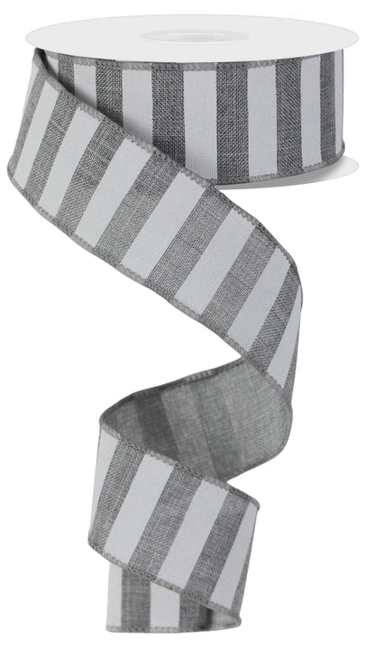 Wired Ribbon * Horizontal Stripe * Grey and White Canvas * 1.5" x 10 Yards * RX91485X