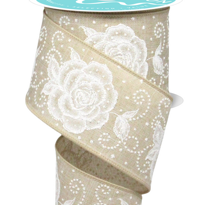 Wired Ribbon * Raised Roses * Natural/White * 2.5" x 10 Yards Canvas * RGF160718