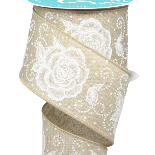 Wired Ribbon * Raised Roses * Natural/White * 2.5" x 10 Yards Canvas * RGF160718