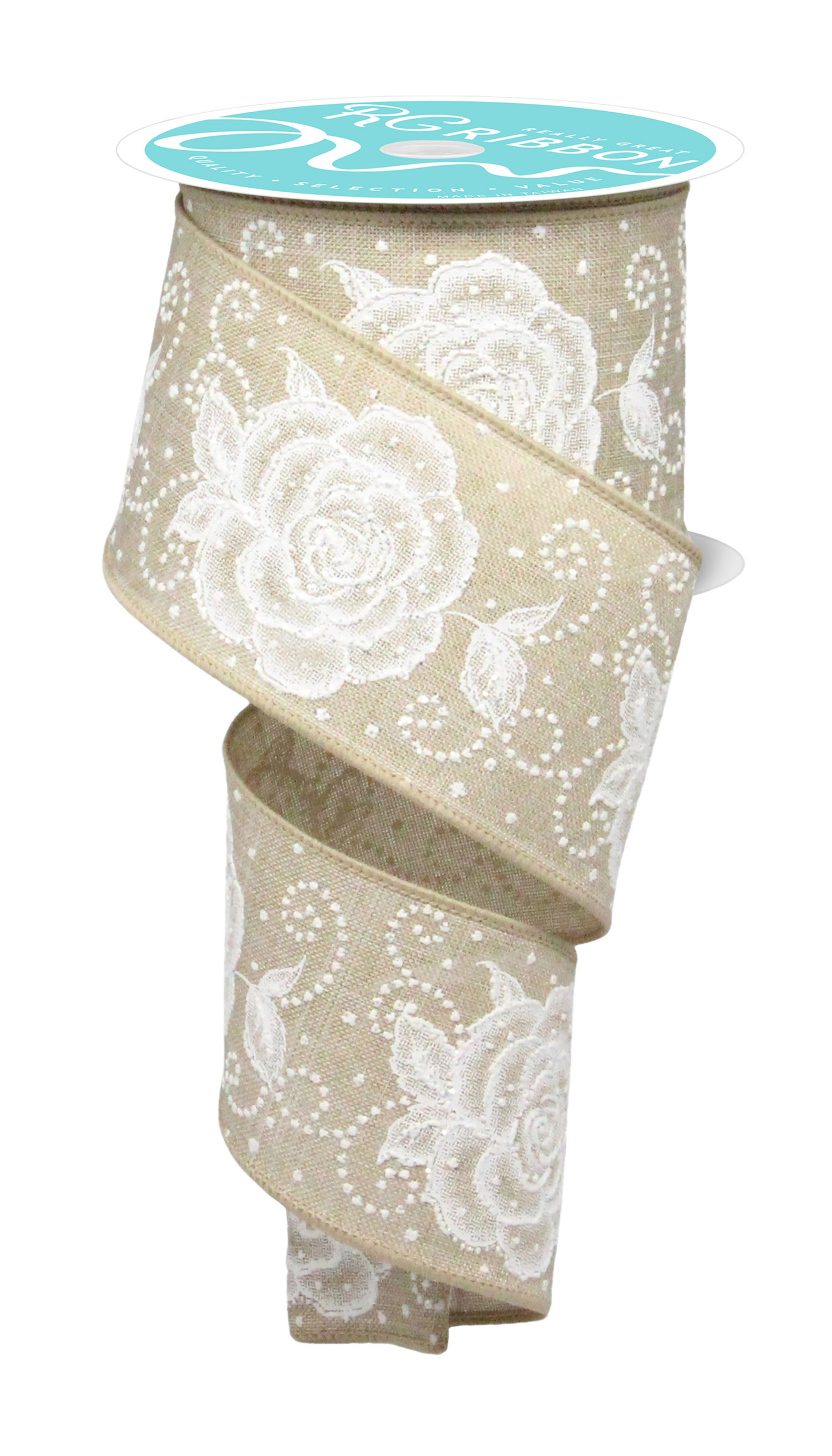 Wired Ribbon * Raised Roses * Natural/White * 2.5" x 10 Yards Canvas * RGF160718
