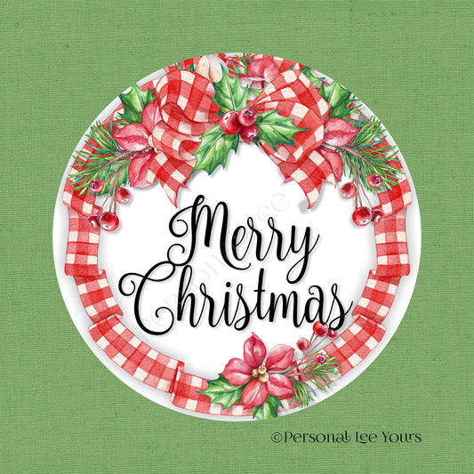 Holiday Wreath Sign * Red Gingham Bow * Merry Christmas * Round * Lightweight Metal