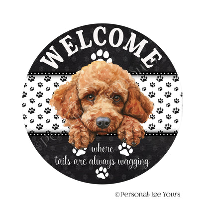 Peeking Pups Wreath Sign * Red Poodle *  Round * Lightweight Metal