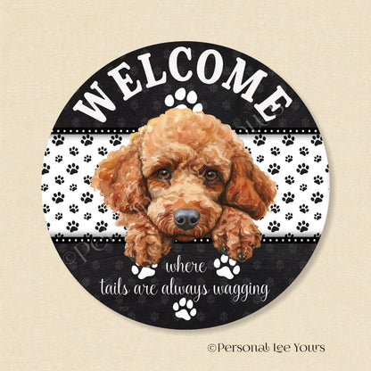 Peeking Pups Wreath Sign * Red Poodle *  Round * Lightweight Metal