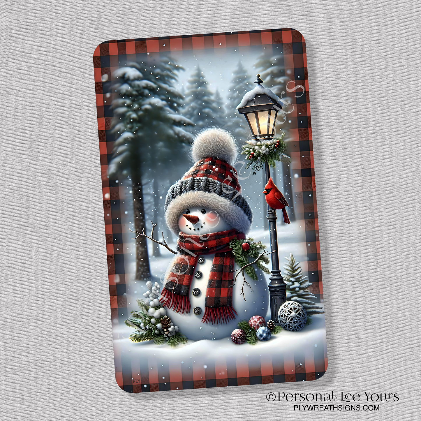 Wreath Sign * Red and Black Buffalo Plaid Snowman * Vertical * 3 Sizes * Lightweight Metal