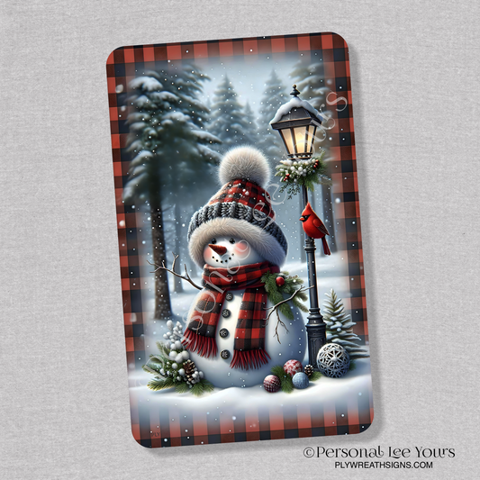 Wreath Sign * Red and Black Buffalo Plaid Snowman * Vertical * 3 Sizes * Lightweight Metal