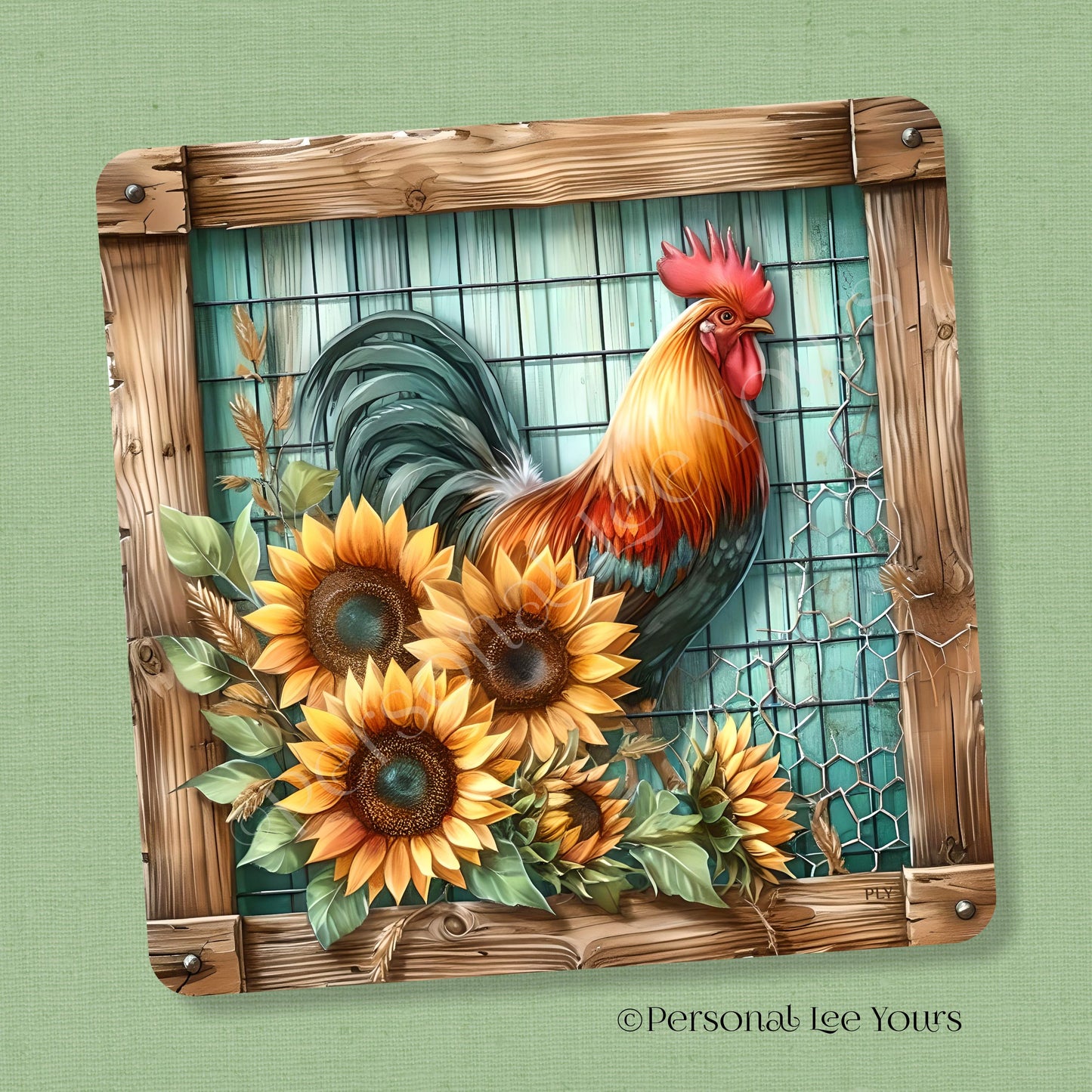 Wreath Sign * Rooster And Sunflowers * Square * 3 Sizes * Lightweight Metal