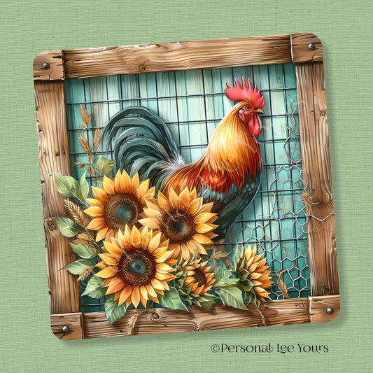 Wreath Sign * Rooster And Sunflowers * Square * 3 Sizes * Lightweight Metal