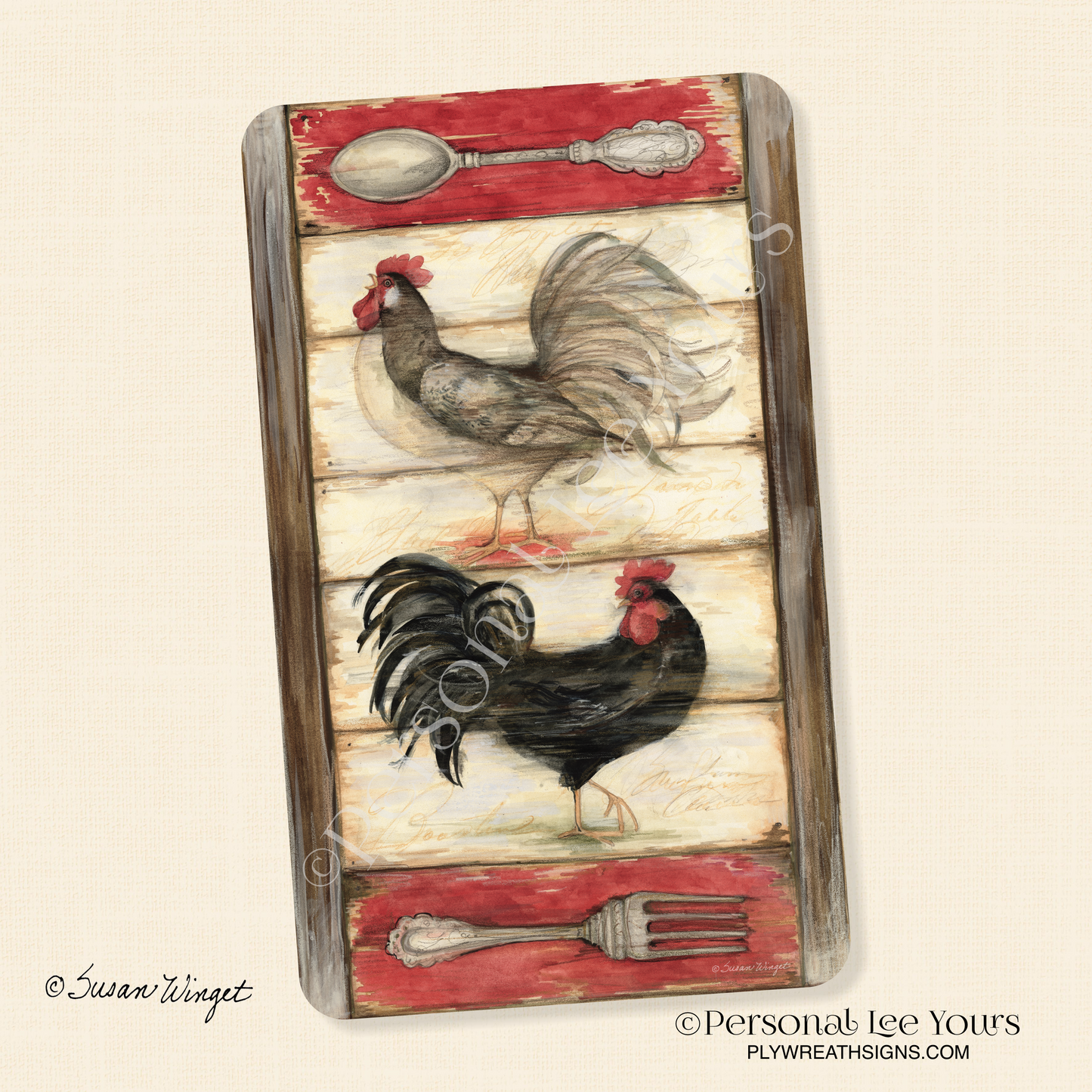 Susan Winget Exclusive Sign * Roosters, Spoon and Fork * Vertical * 3 Sizes * Lightweight Metal