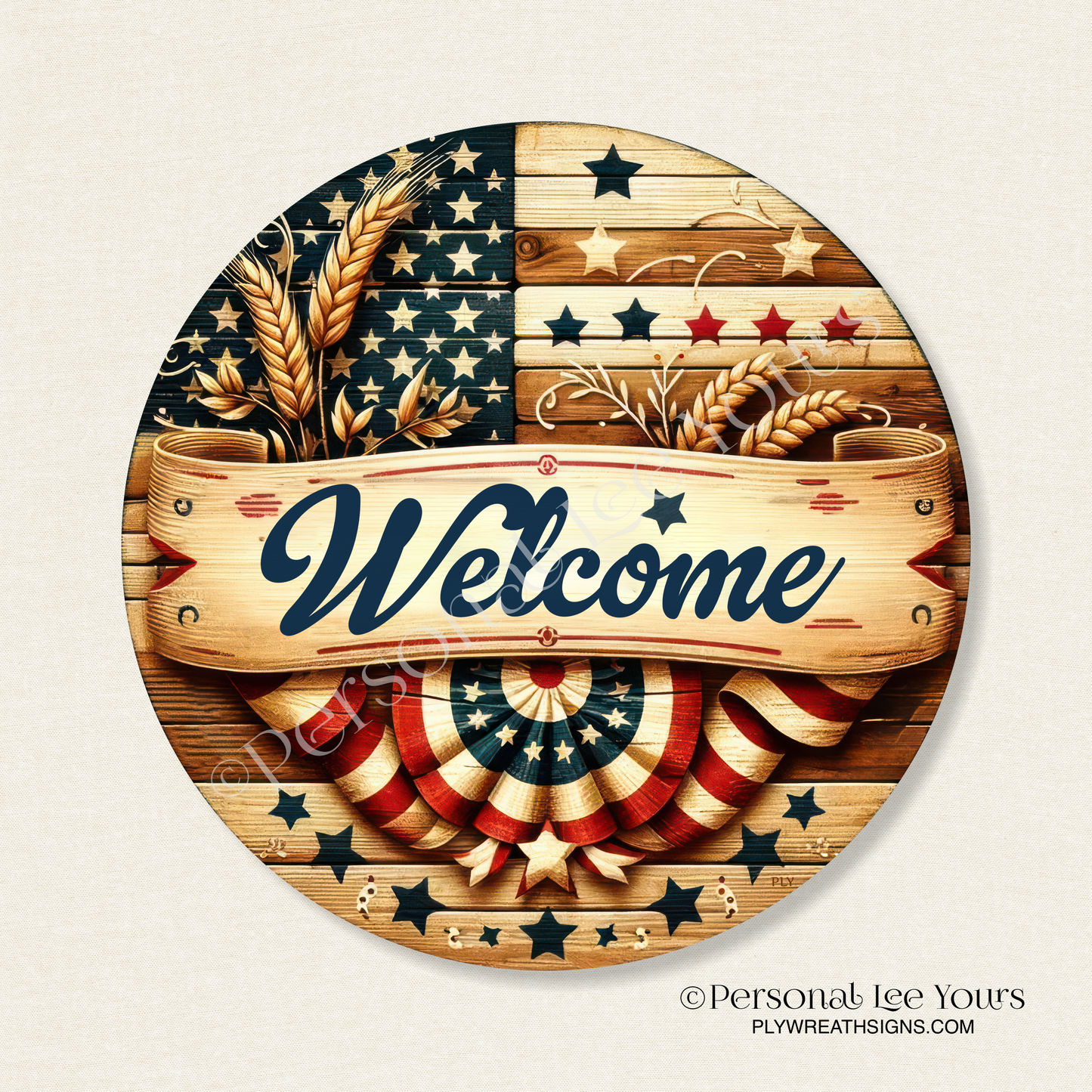 Wreath Sign * Rustic Patriotic Bunting Welcome * Round * Lightweight Metal