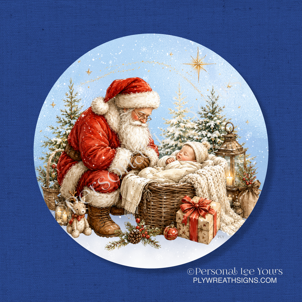 Wreath Sign * Santa and Baby Jesus * Round * Lightweight Metal