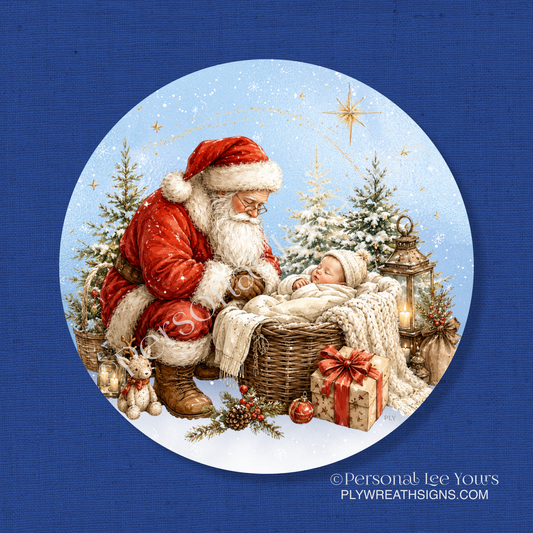 Wreath Sign * Santa and Baby Jesus * Round * Lightweight Metal