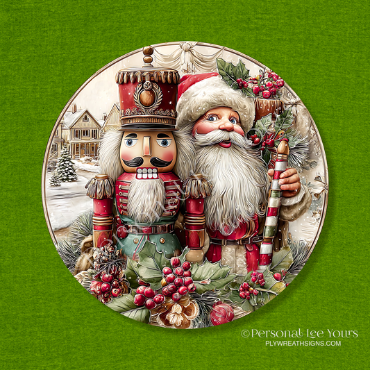 Christmas Wreath Sign * Santa and Nutcracker * Round * Lightweight Metal