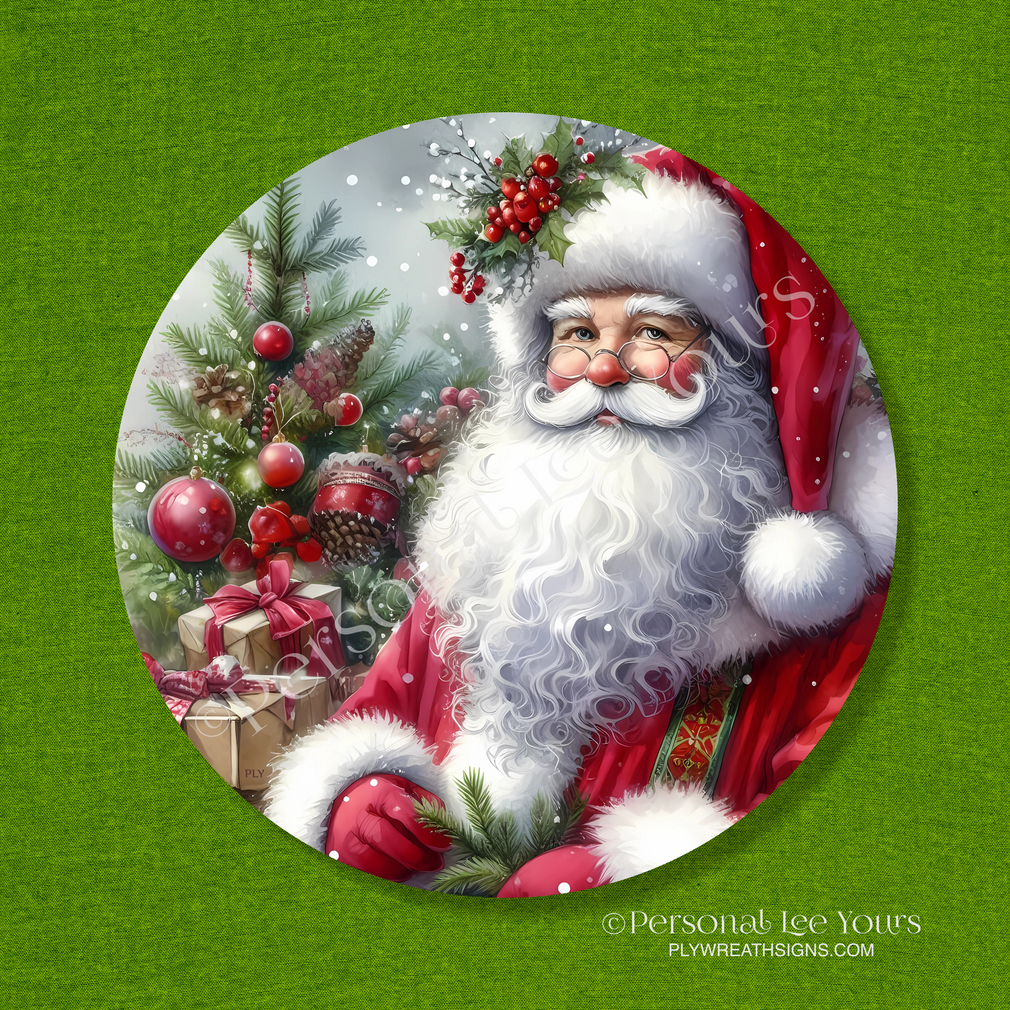 Christmas Wreath Sign * Santa By Tree * Round * Lightweight Metal