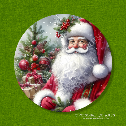 Christmas Wreath Sign * Santa By Tree * Round * Lightweight Metal