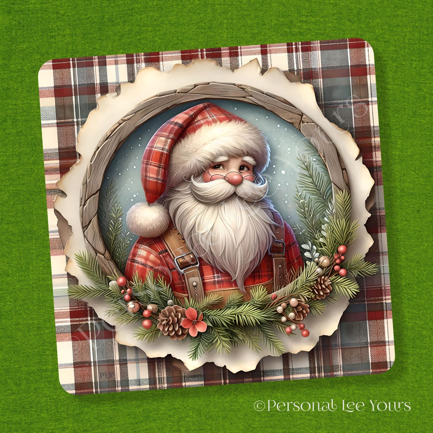 Holiday Wreath Sign * Santa In Plaid * Square * 3 Sizes * Lightweight Metal