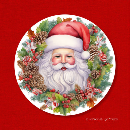 Holiday Wreath Sign * Santa In Wreath * Round * Lightweight Metal