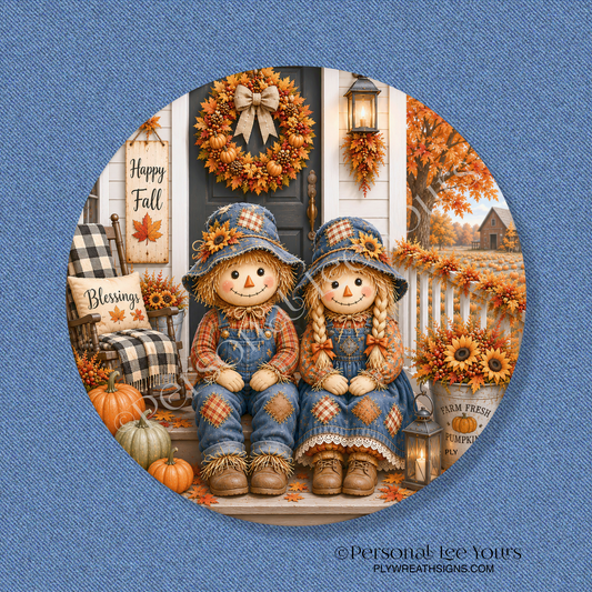 Wreath Sign *  Scarecrow Couple * Round * Lightweight Metal