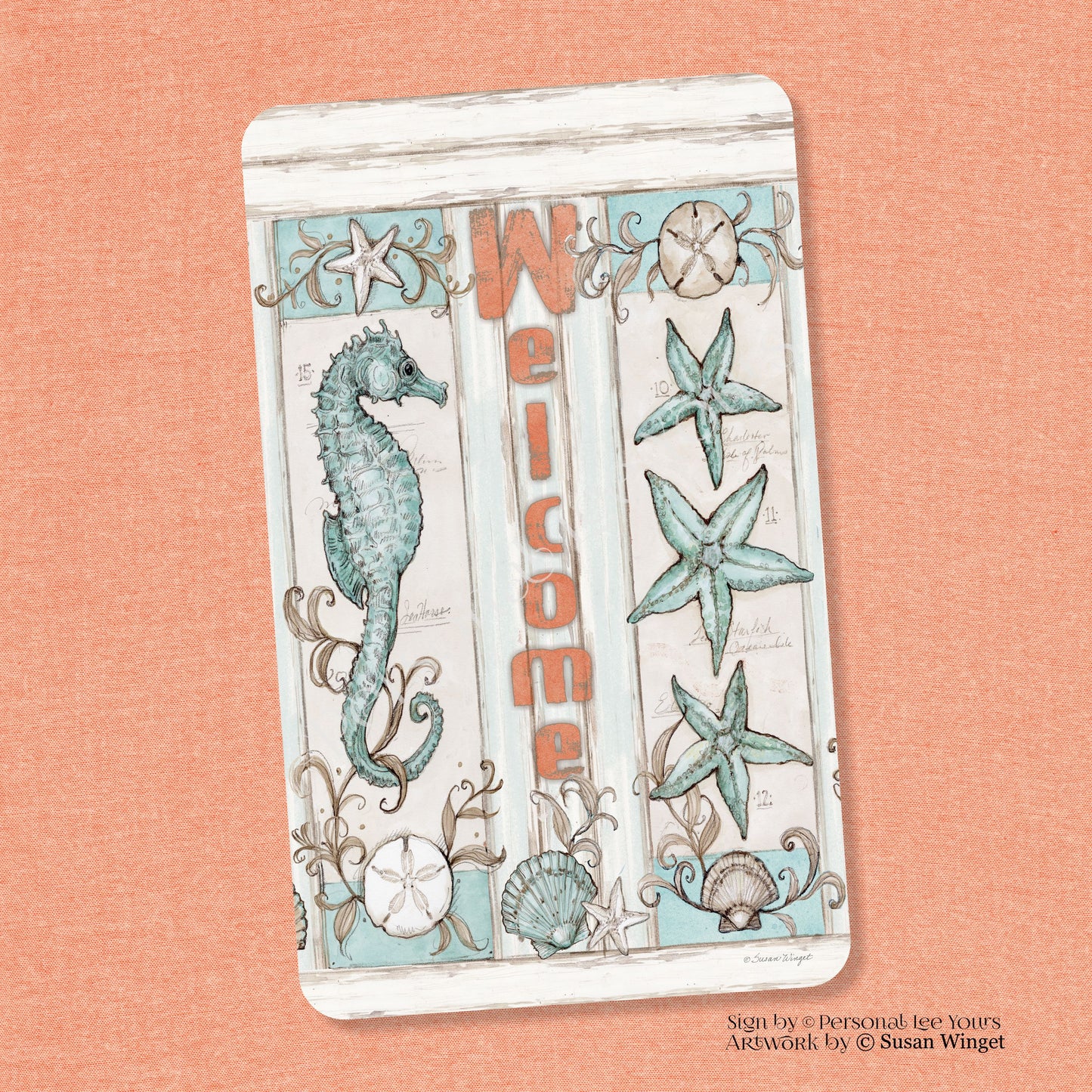 Susan Winget Exclusive Sign * Coastal * Seahorse and Starfish * Vertical * Lightweight Metal