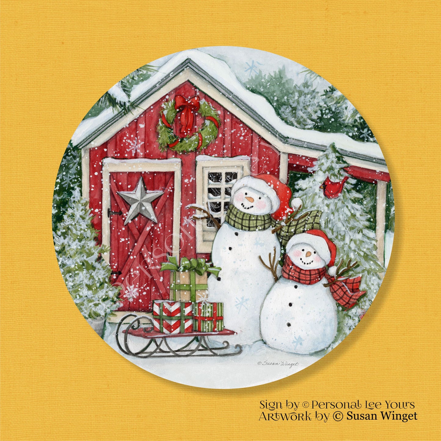 Susan Winget Exclusive Sign * Barn Star * Sal and Suzie Snowman * Round * Lightweight Metal