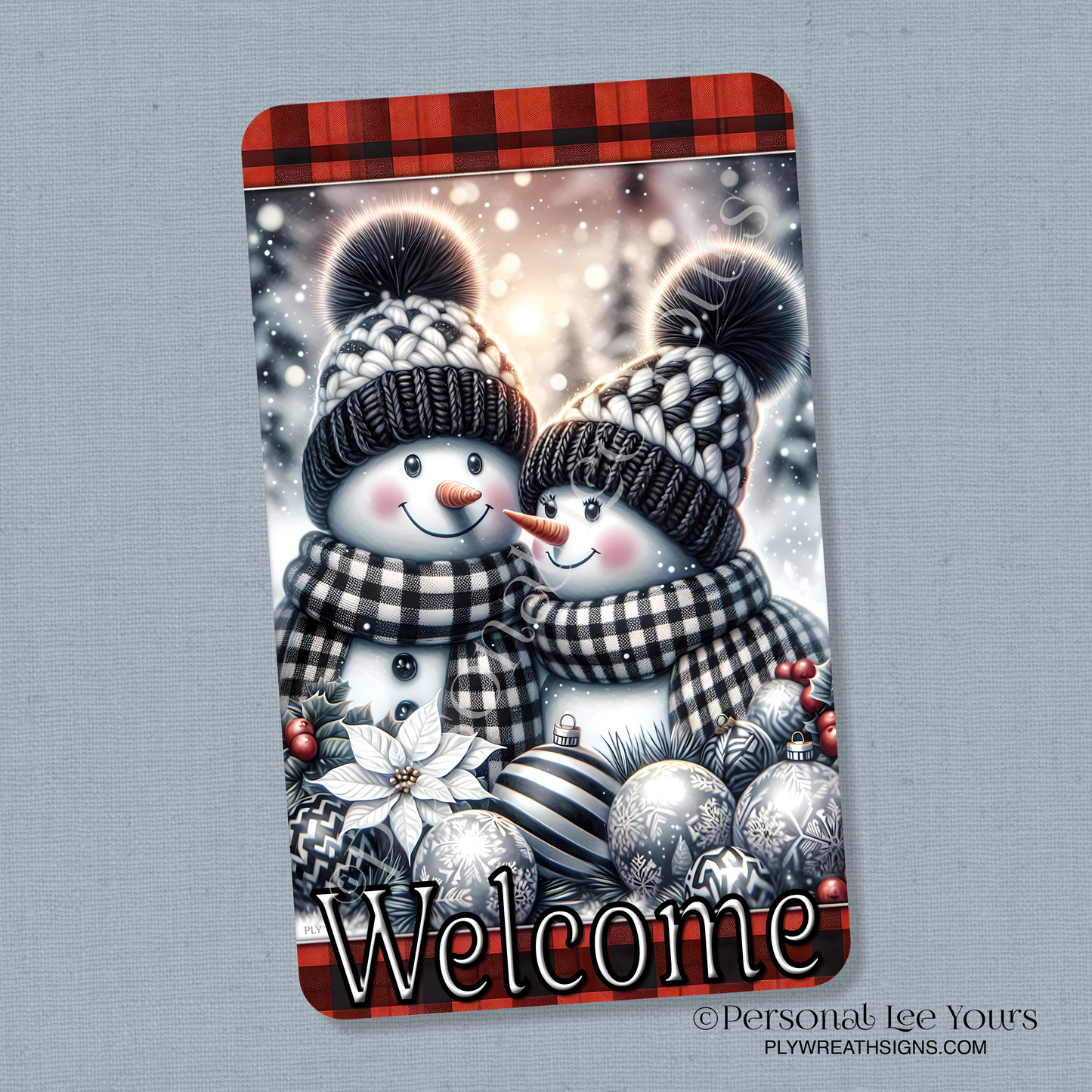 Wreath Sign * Snowman Couple Welcome * Vertical * 3 Sizes * Lightweight Metal