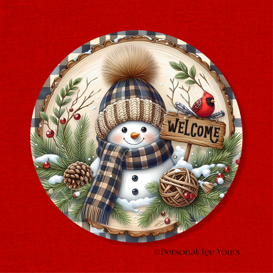 Holiday/Winter Wreath Sign * Snowman, Navy and Tan * Round * Lightweight Metal