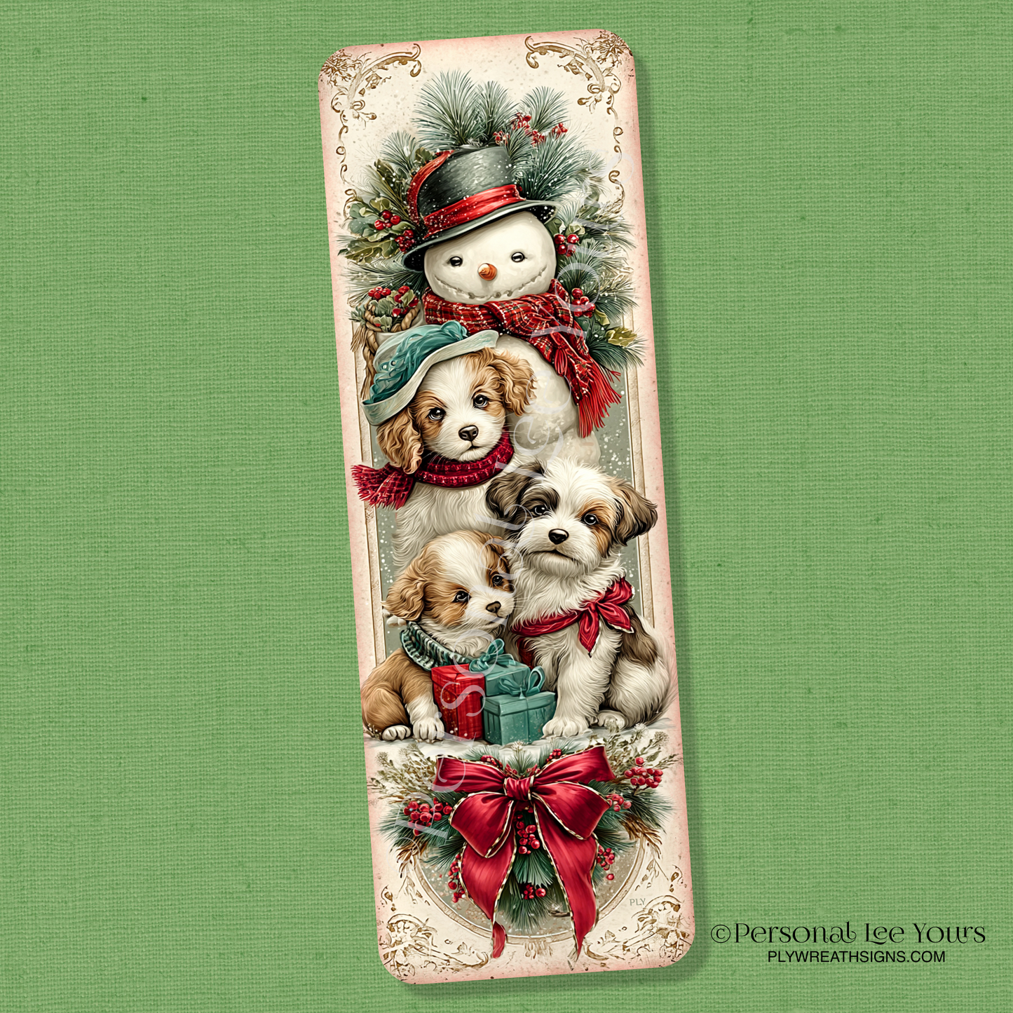 Winter Wreath Sign * Banner * Vintage Snowman and Puppies * 4" x 12" * Lightweight Metal