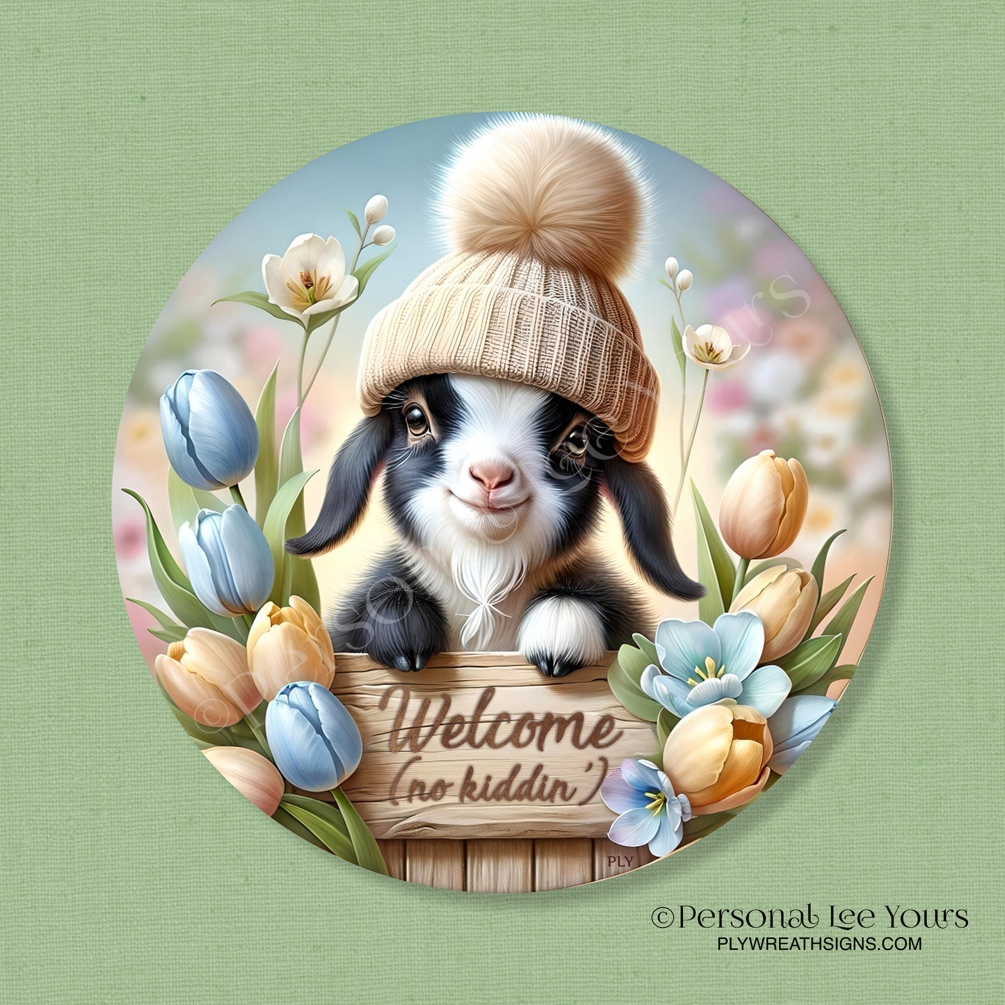 Wreath Sign * Spring Goat Welcome * Round * Lightweight Metal