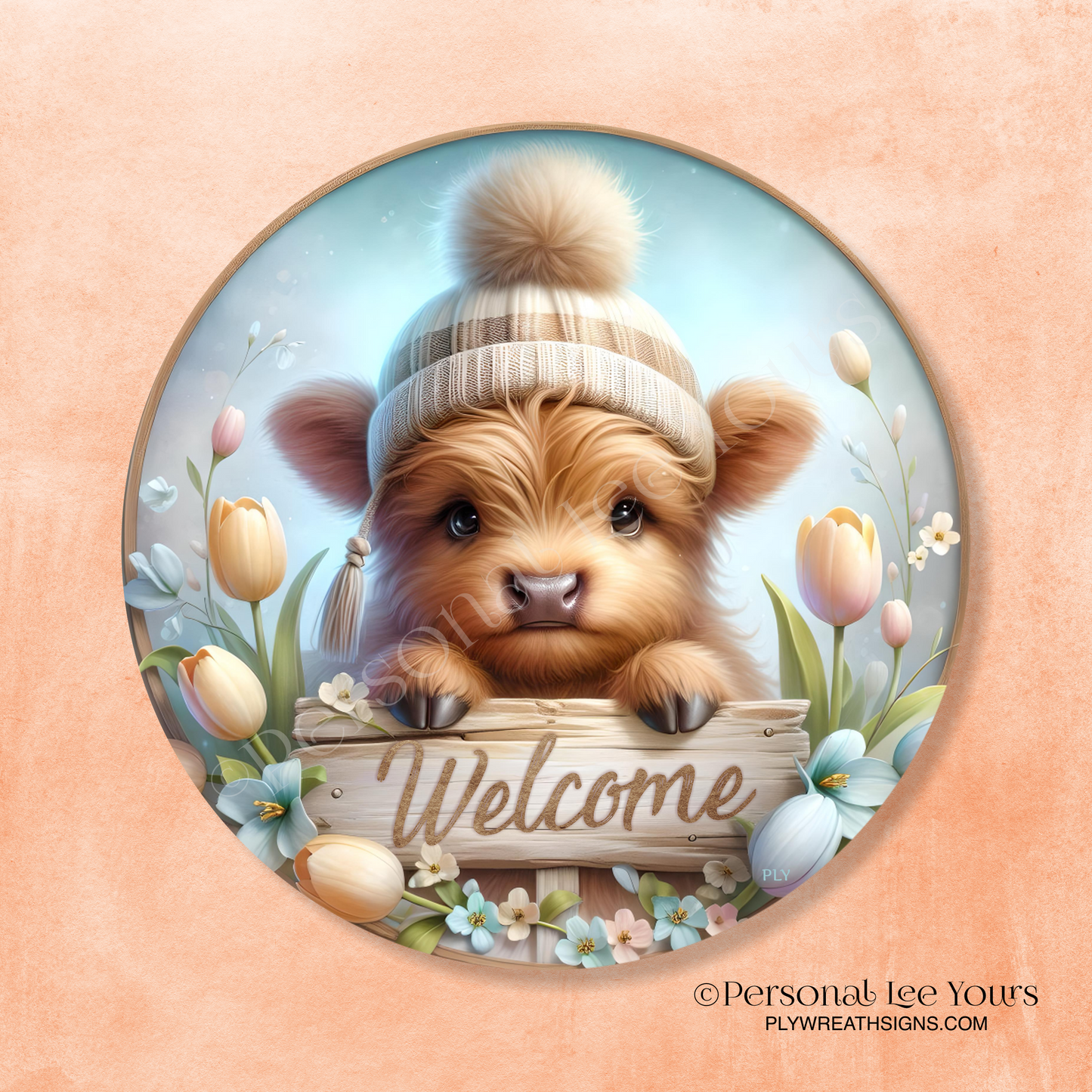 Wreath Sign * Spring Highland Cow Welcome * Round * Lightweight Metal