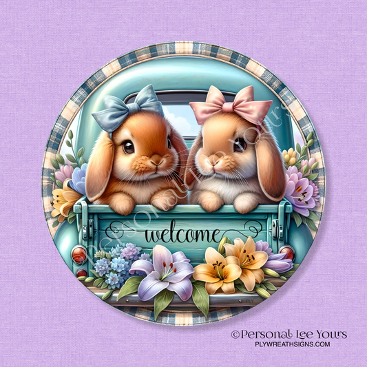 Wreath Sign * Spring Welcome Bunnies * Round * Lightweight Metal