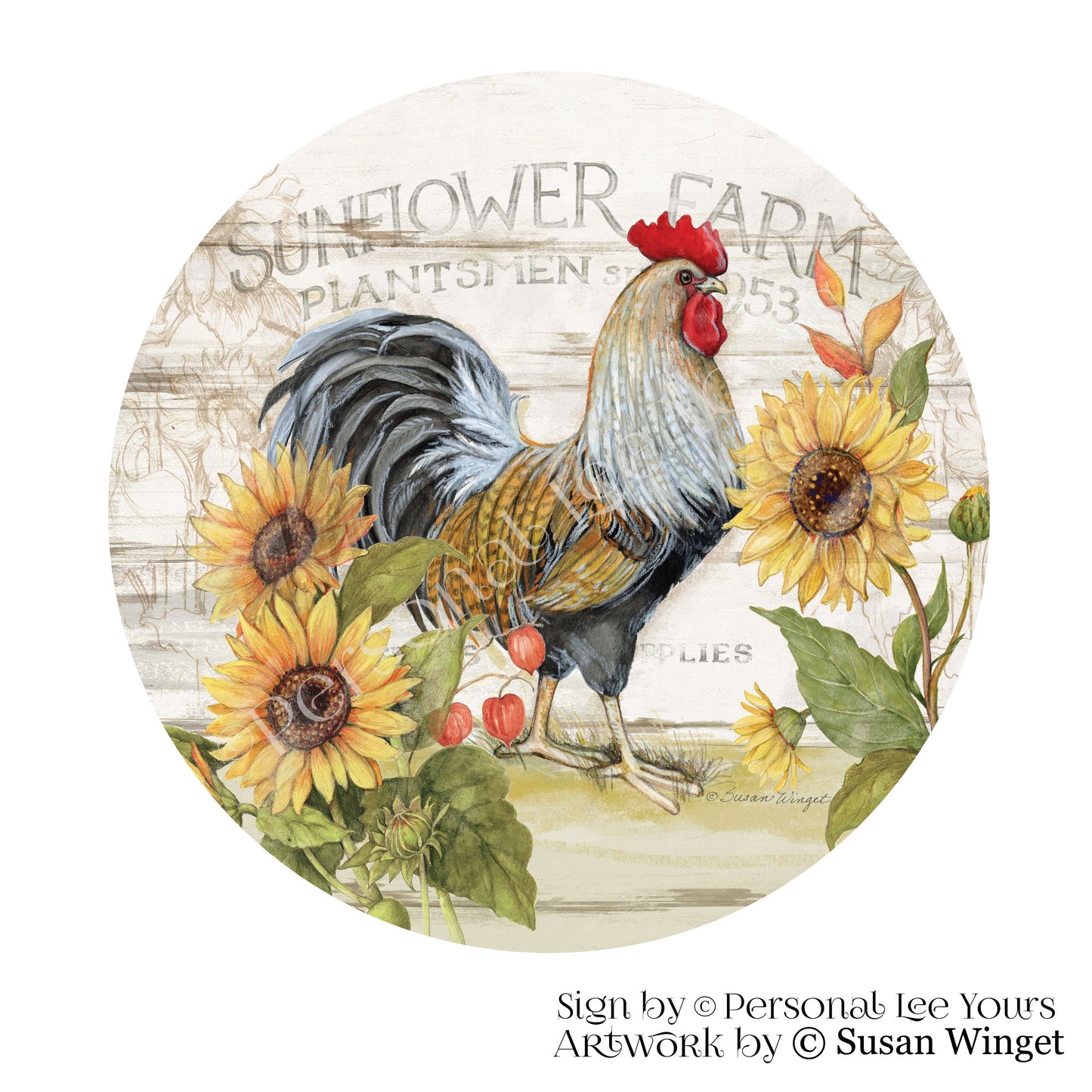 Susan Winget Exclusive Sign * Sunflower Farm Rooster * Round * Lightweight Metal