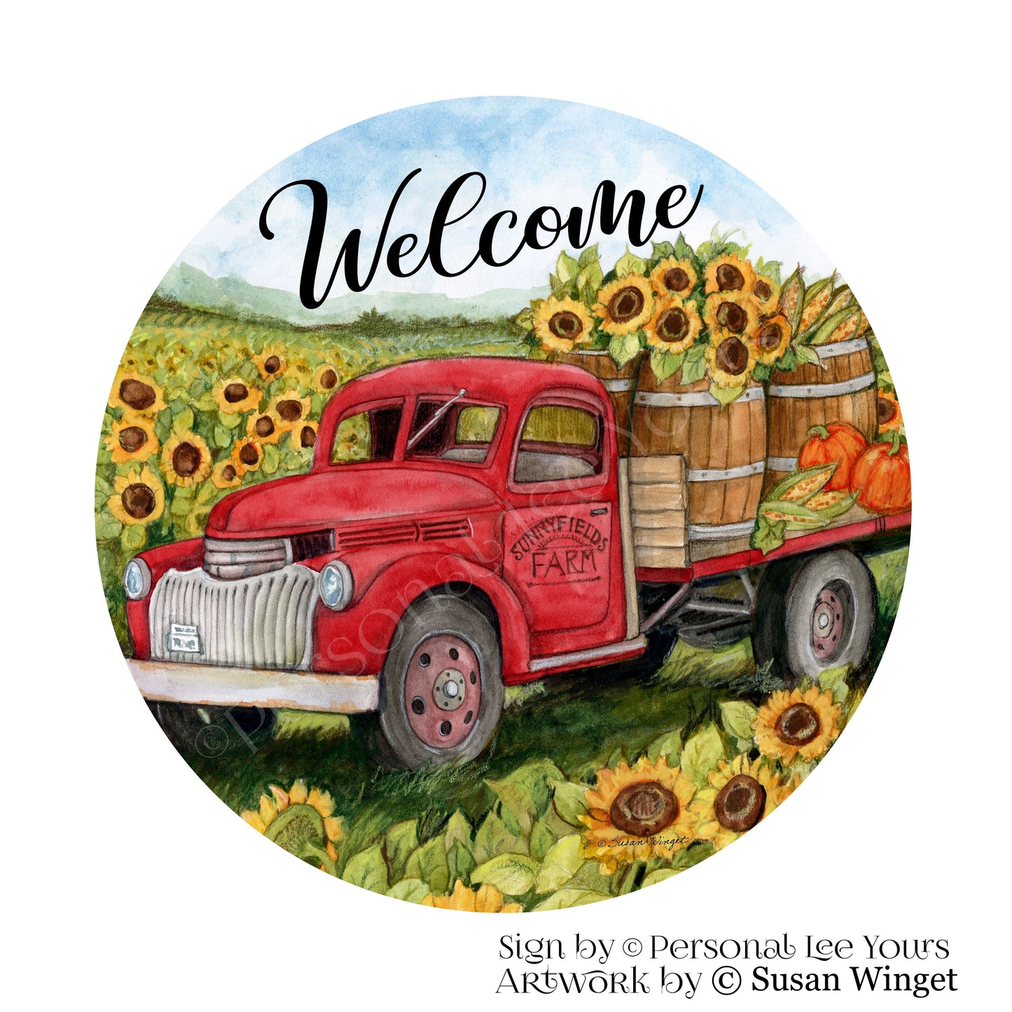 Susan Winget Exclusive Sign * Sunflower Fields Welcome * Round * Lightweight Metal