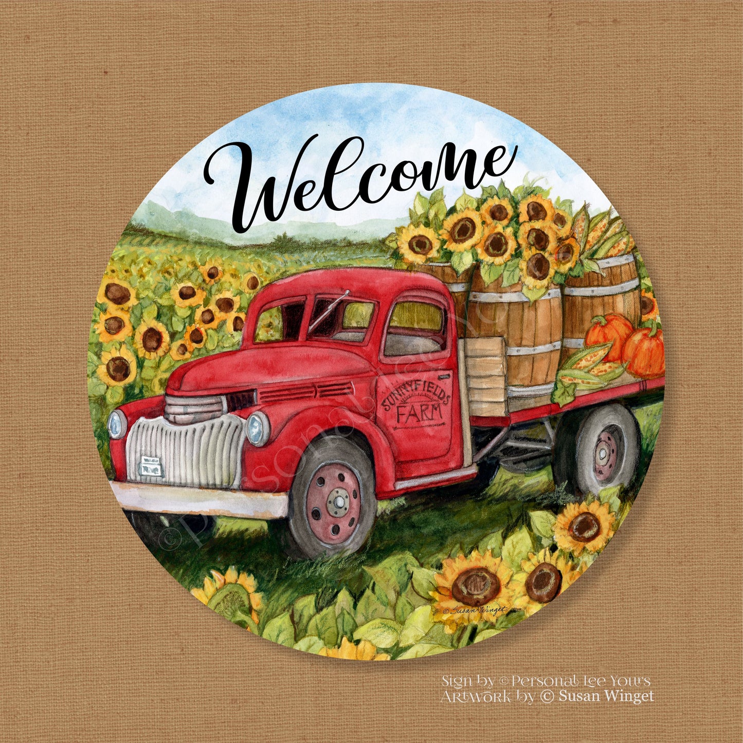 Susan Winget Exclusive Sign * Sunflower Fields Welcome * Round * Lightweight Metal