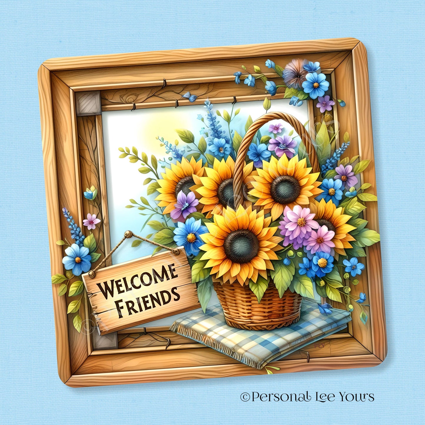 Wreath Sign * Sunflower Basket, Welcome Friends * Square * 3 Sizes * Lightweight Metal
