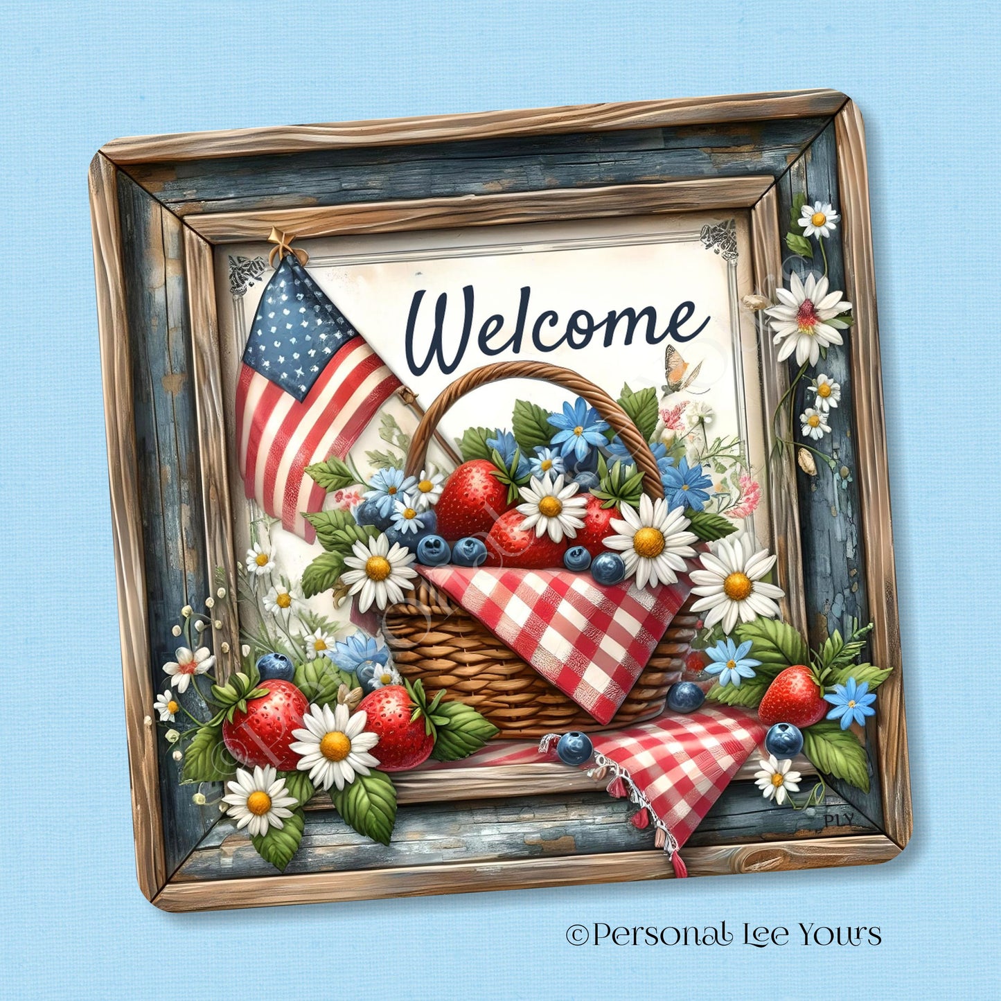 Wreath Sign * Sweet American Welcome * Square * 3 Sizes * Lightweight Metal