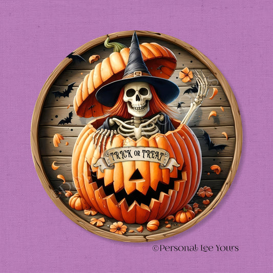 Wreath Sign * Trick Or Treat, Skeleton Witch * Round * Lightweight Metal