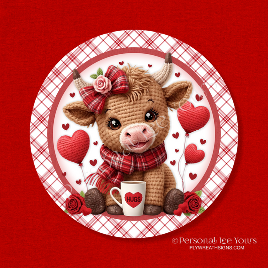 Valentine Wreath Sign * Crochet Highland Cow * Round * Lightweight Metal