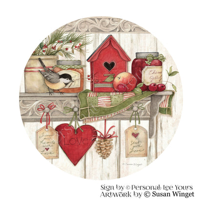 Susan Winget Exclusive Sign * Valentine's Day, Hang Tag Shelf Cardinals and Birdseed Hearts * Round * Lightweight Metal