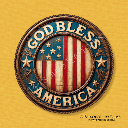 Wreath Sign * Vintage God Bless America * Round * Lightweight Metal