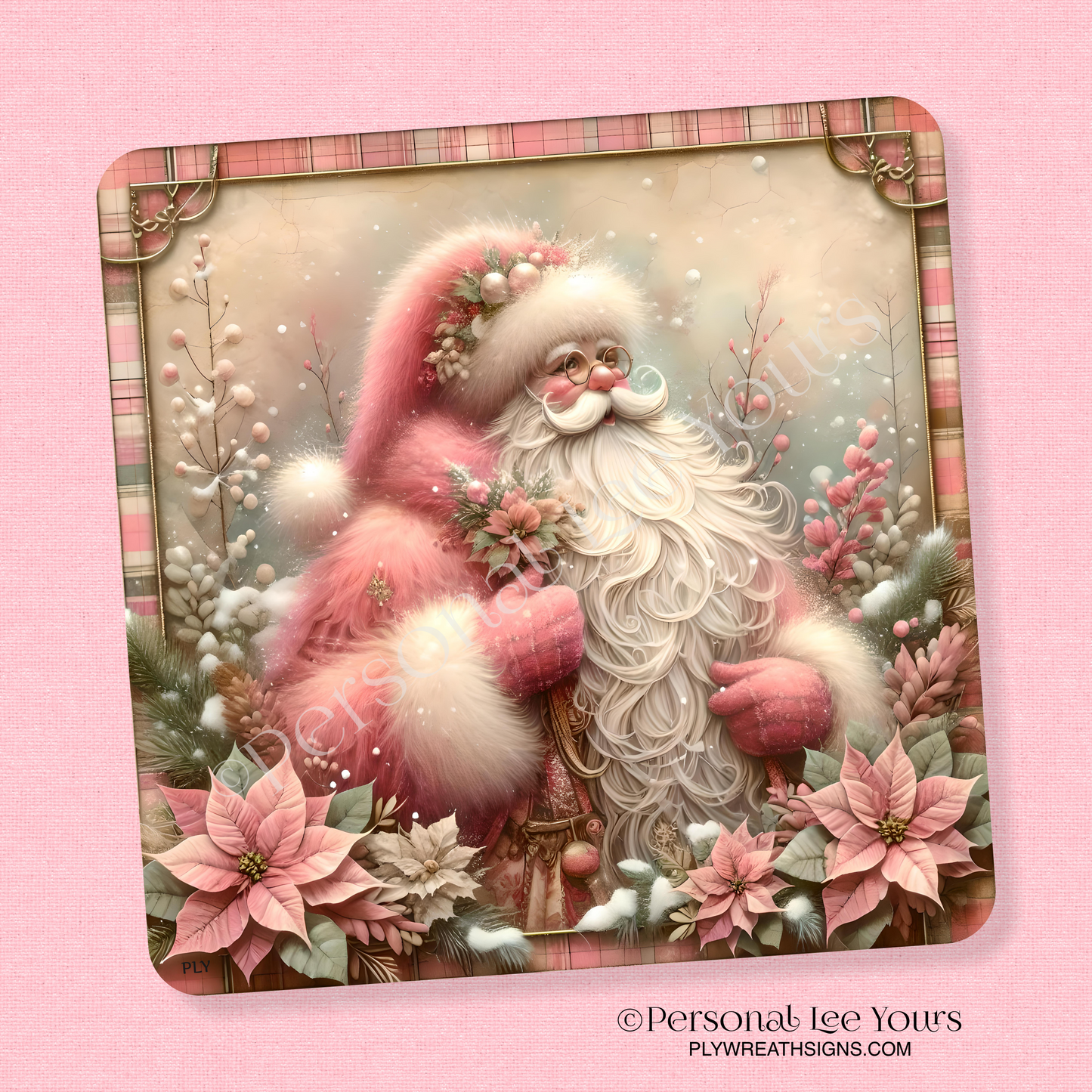 Christmas Wreath Sign * Vintage Pink Santa * Square * 3 Sizes * Lightweight Metal