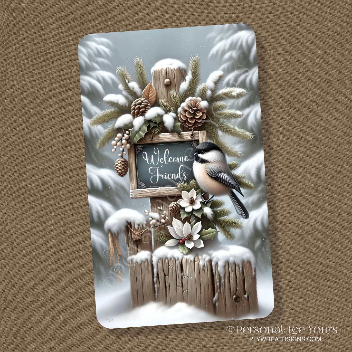 Wreath Sign * Welcome Friends Chickadee * Vertical * 3 Sizes * Lightweight Metal