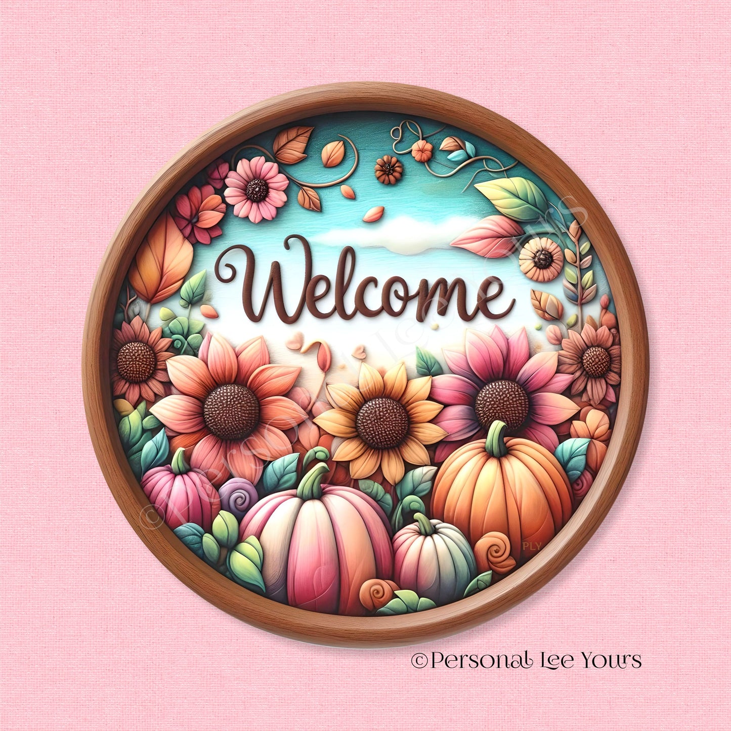 Autumn Wreath Sign * Welcome Pink Pumpkins * Round * Lightweight Metal