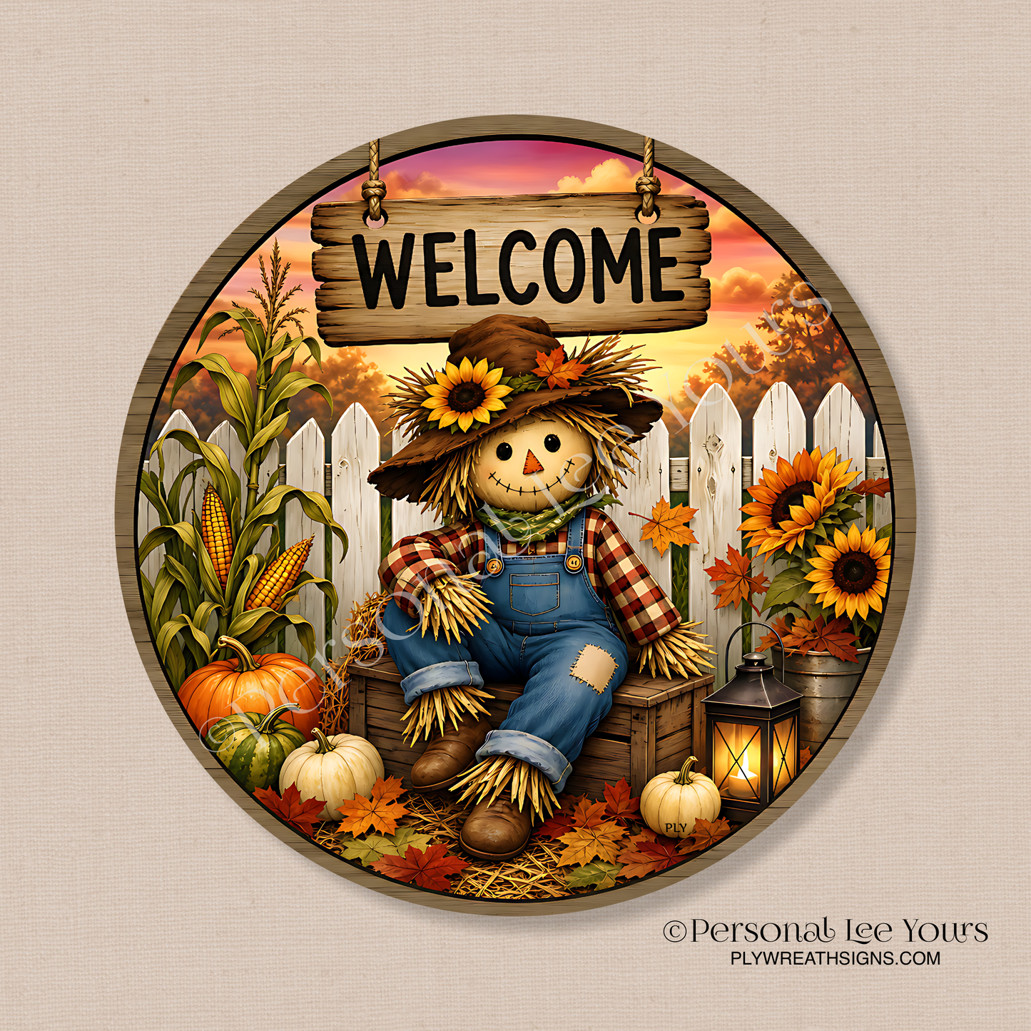 Wreath Sign *  Welcome Scarecrow * Round * Lightweight Metal