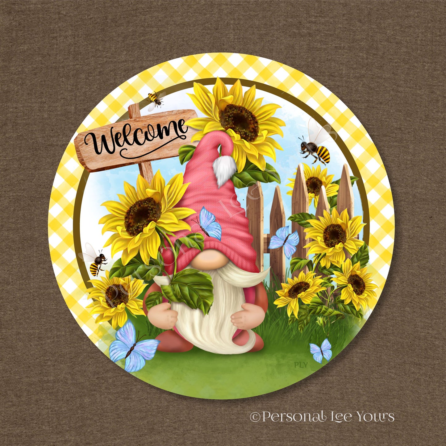 Wreath Sign * Welcome Sunflower Gnome * Round * Lightweight Metal