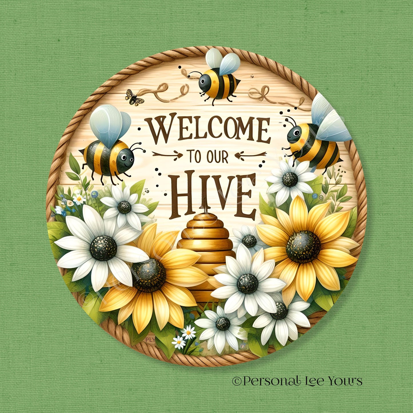 Wreath Sign * Welcome To Our Hive, White and Gold Sunflowers, Honey Bee * Round * Lightweight Metal