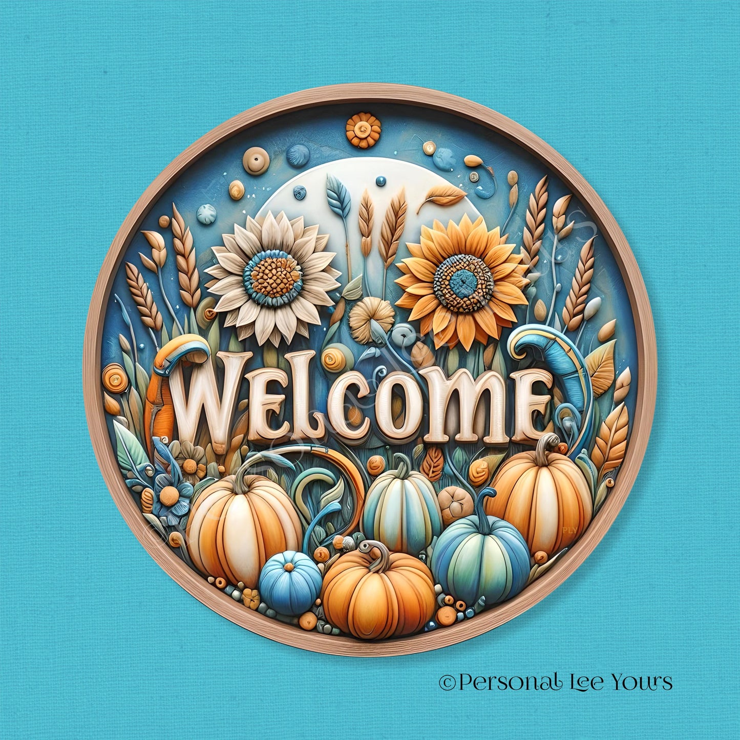 Autumn Wreath Sign * Welcome Blue Pumpkins * Round * Lightweight Metal