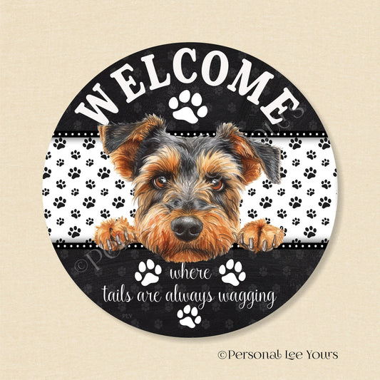 Peeking Pups Wreath Sign * Welsh Terrier *  Round * Lightweight Metal