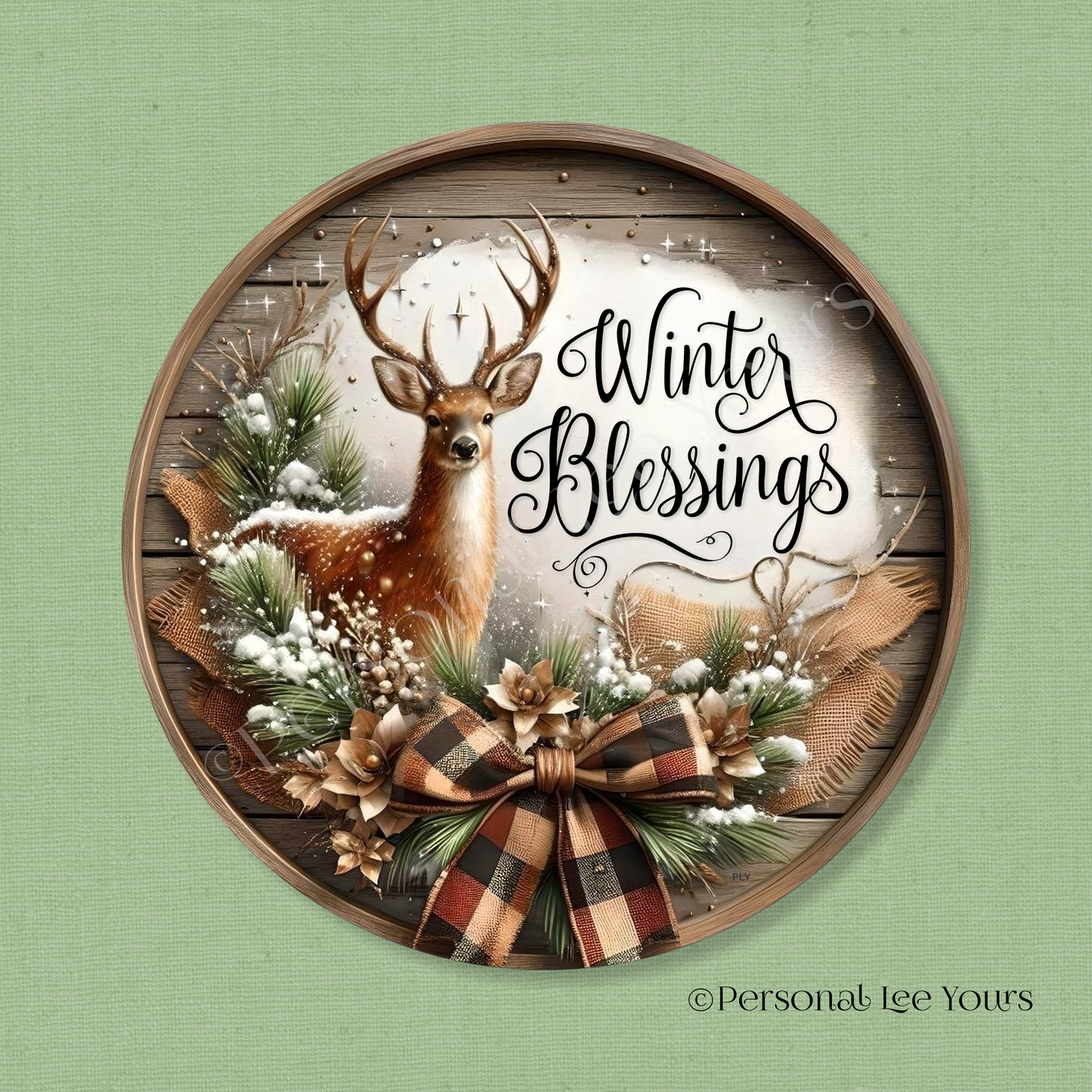 Winter Wreath Sign * Winter Blessings, Regal Buck * Round * Lightweight Metal