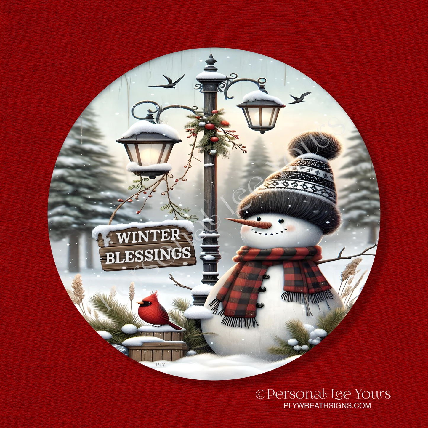 Winter Wreath Sign * Winter Blessings Snowman * Round * Lightweight Metal