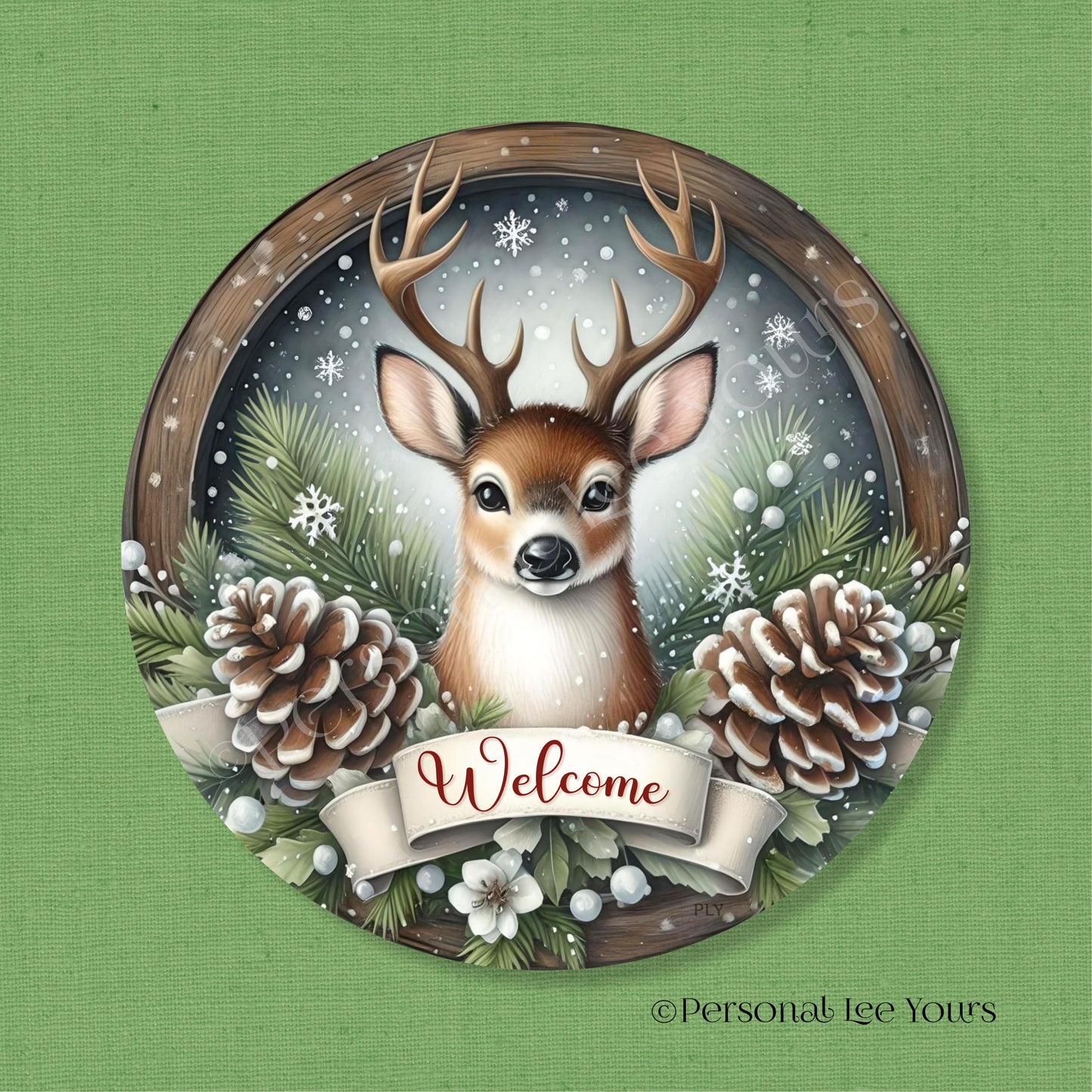 Holiday/Winter Wreath Sign * Winter Deer Welcome * Round * Lightweight Metal