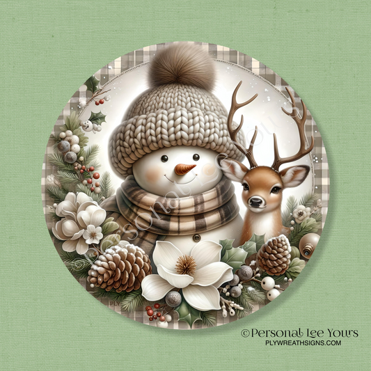 Wreath Sign * Winter Snowman With Deer * Round * Lightweight Metal